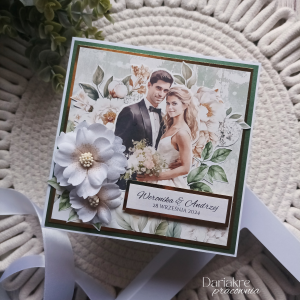 Kartka ślubna w pudełku, personalizowana, biel, zieleń, ślub m3