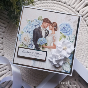 Kartka ślubna w pudełku, personalizowana, niebieska, hortensje, s28