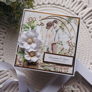 Kartka ślubna w pudełku, personalizowana, wianek kwiatowy, s26