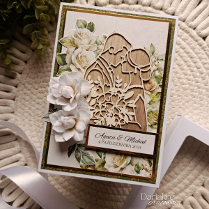 Kartka ślubna w pudełku, prostokątna personalizowana, biel, złoto, s44