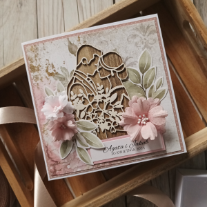 Kartka ślubna w pudełku, róż i biel, personalizowana