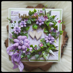 Kartka ślubna wianek fiolet i zieleń