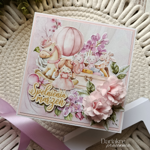 Kartka urodzinowa dla dziecka, pamiątka w pudełku, różowa, d3