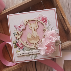 Kartka urodzinowa dla dziecka, różowa, lisek