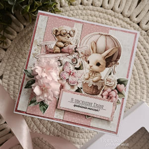 Kartka urodzinowa dla dziecka, różowa, zwierzaki personalizowana, d13