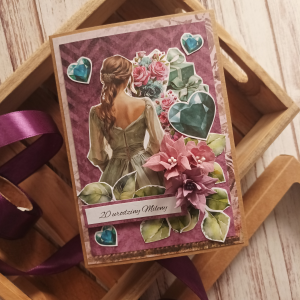 Kartka urodzinowa personalizowana dla kobiety, fiolet i turkus