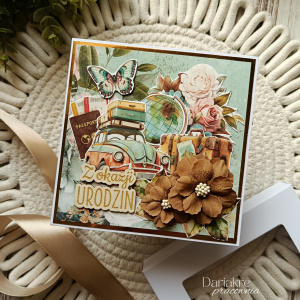 Kartka urodzinowa w pudełku, brązowa, podróże u90