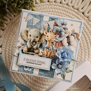 Kartka urodzinowa w pudełku, dla dziecka niebieska personalizowana i1