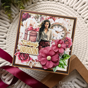 Kartka urodzinowa w pudełku, dla kobiety, ciemny róż, u21