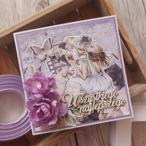 Kartka urodzinowa w pudełku, fioletowa, kobieta