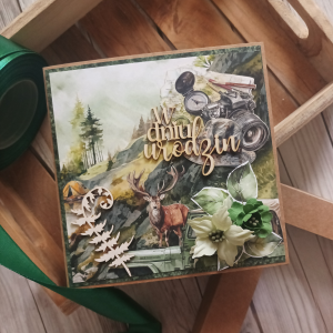Kartka urodzinowa w pudełku, leśna, podróżnik, zieleń