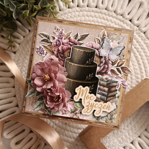 Kartka urodzinowa w pudełku, moc życzeń, tort, fiolet, brąz, u95