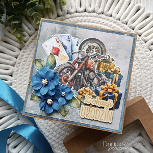 Kartka urodzinowa w pudełku, niebieska, motocykl, ac11