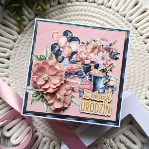 Kartka urodzinowa w pudełku, róż i niebieski, z okazji urodzin, u8