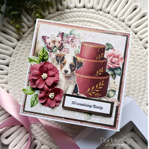 Kartka urodzinowa w pudełku, różowa z pieskiem, personalizowana, u41