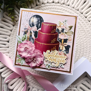Kartka urodzinowa w pudełku, spełnienia marzeń, róż, tort, u6