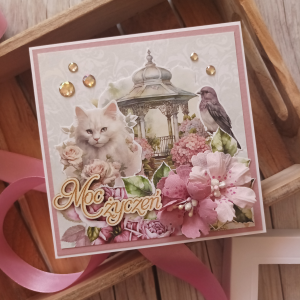 Kartka w pudełku, moc życzeń, różowa z kotem