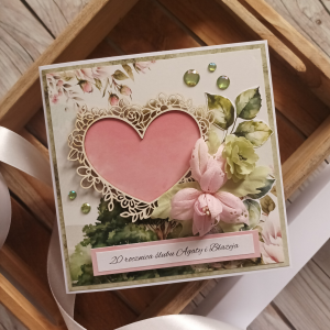 Kartka w pudełku, personalizowana rocznica ślubu, róż i zieleń