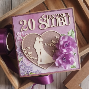 Kartka w pudełku, rocznica ślubu, z dowolną cyfrą, fioletowa