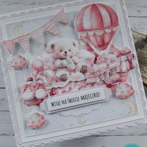 Kartka z okazji narodzin dziewczynki z misiem, personalizacja