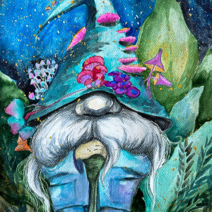 "Kiedy księżyc rośnie..." magiczna akwarela - skrzat, krasnal, fantasy