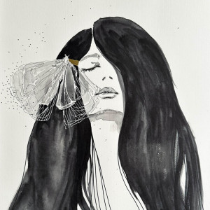 "Kobieta i ćma" akwarela z dodatkiem piórka - portret