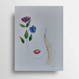 Kobieta i kwiaty 2  - akwarela formatu 24/32 cm