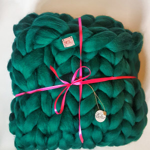 Koc Chunky Knit, miękki koc z wełny czesankowej - Ciemna Zieleń