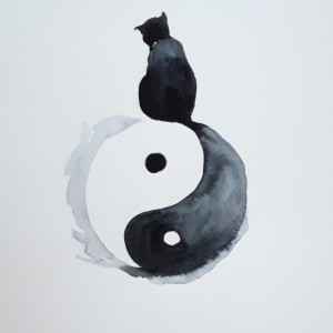 "Koci ogon" akwarela, chiński symbol Yin i yang
