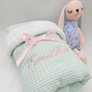 Kocyk ciepły zimowy do wózka 75x55 haftowane imię + poduszka