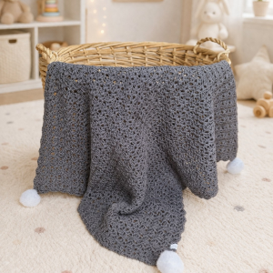 Kocyk Coco wełna merino bawełna z pomponami 63x70 handmade