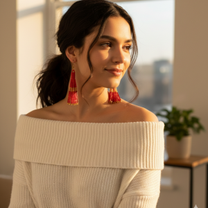 Kolczyki BOHO Ręcznie Robione Kolczyki Boho - Czerwone Kaskady