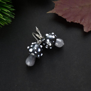 Kolczyki „Czarne muchomorki z szarym jadeitem”