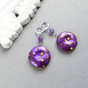 kolczyki fioletowe grzybki muchomorki z ametystem