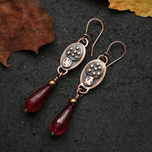 Kolczyki miedziane z grzybkami muchomory agat i hematyt