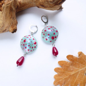 Kolczyki „Miętowe muchomorki z malinową kroplą jadeitu”