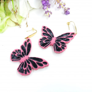 Kolczyki różowo-czarne duże motyle
