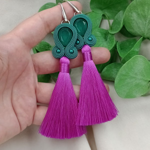 Kolczyki sutasz soutache chwosty różowe fuksja szmaragd