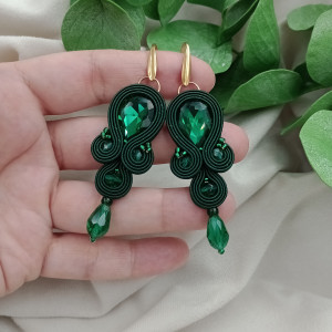 Kolczyki sutasz soutache szmaragdowe zielone kryształowe