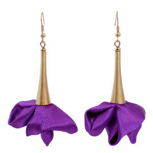 Kolczyki wiszące fiolet kwiaty złote eleganckie wesele imprezowe