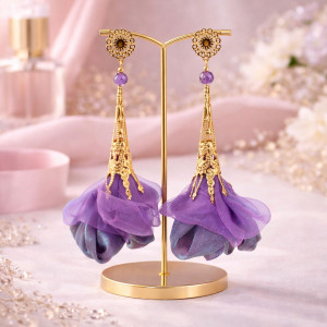 Kolczyki wiszące fioletowe eleganckie lekkie długie ażurowe