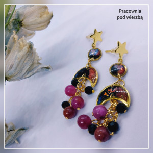 kolczyki wiszące kosmos księżyc lunula gwiazdy kamienie stal winogrona