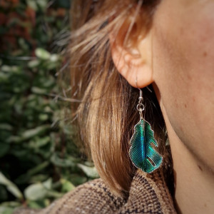 Kolczyki  wiszące  pióra  niebiesko-zielone