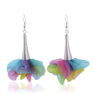 Kolczyki wiszące tęczowe z tkaniny kwiaty boho lekkie kolorowe długie