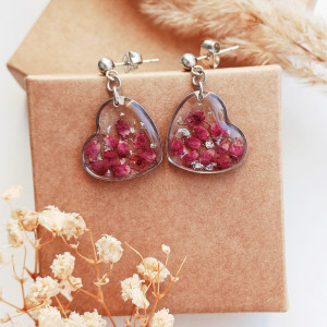 Kolczyki z żywicy serca z wrzosem srebrne