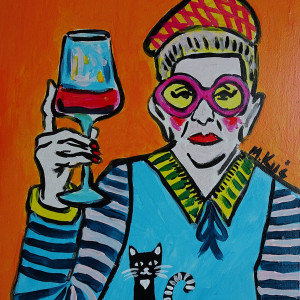 kolorowa babcia obraz do salonu  wino i kotek