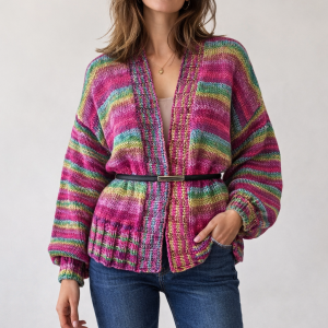 Kolorowy kardigan z włóczki tasiemkowej