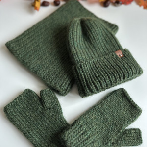 Komplet: Czapka + Komin + Mitenki z Wełny Peruwiańskiej. Zielony