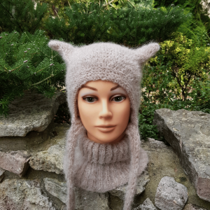 Komplet Czapka Kotek, komin i rękawiczki- beżowy alpaka/merynos