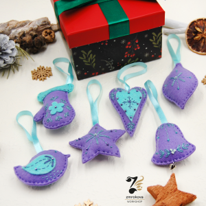 Komplet filcowych bombek wyszywanych fioletowo-miętowych